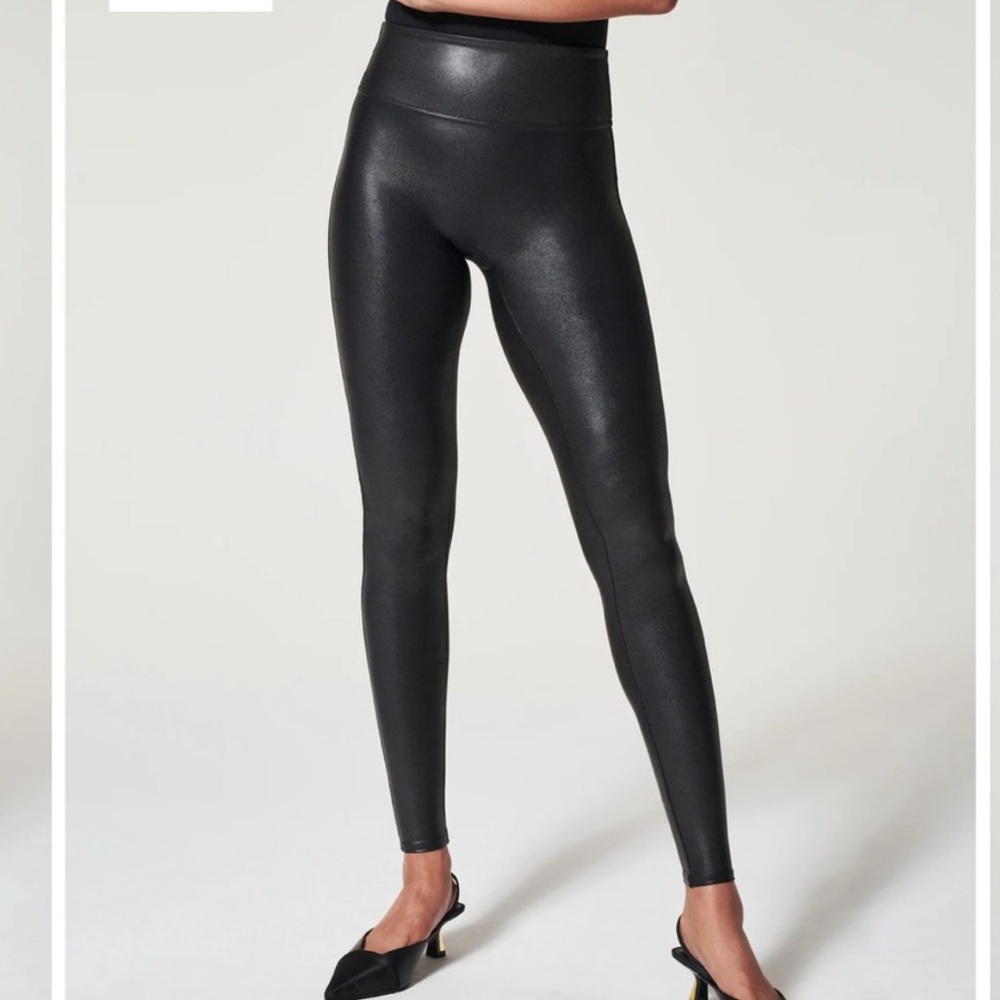 Spanx Black High-Waisted Compression Leggings Fau… - image 3